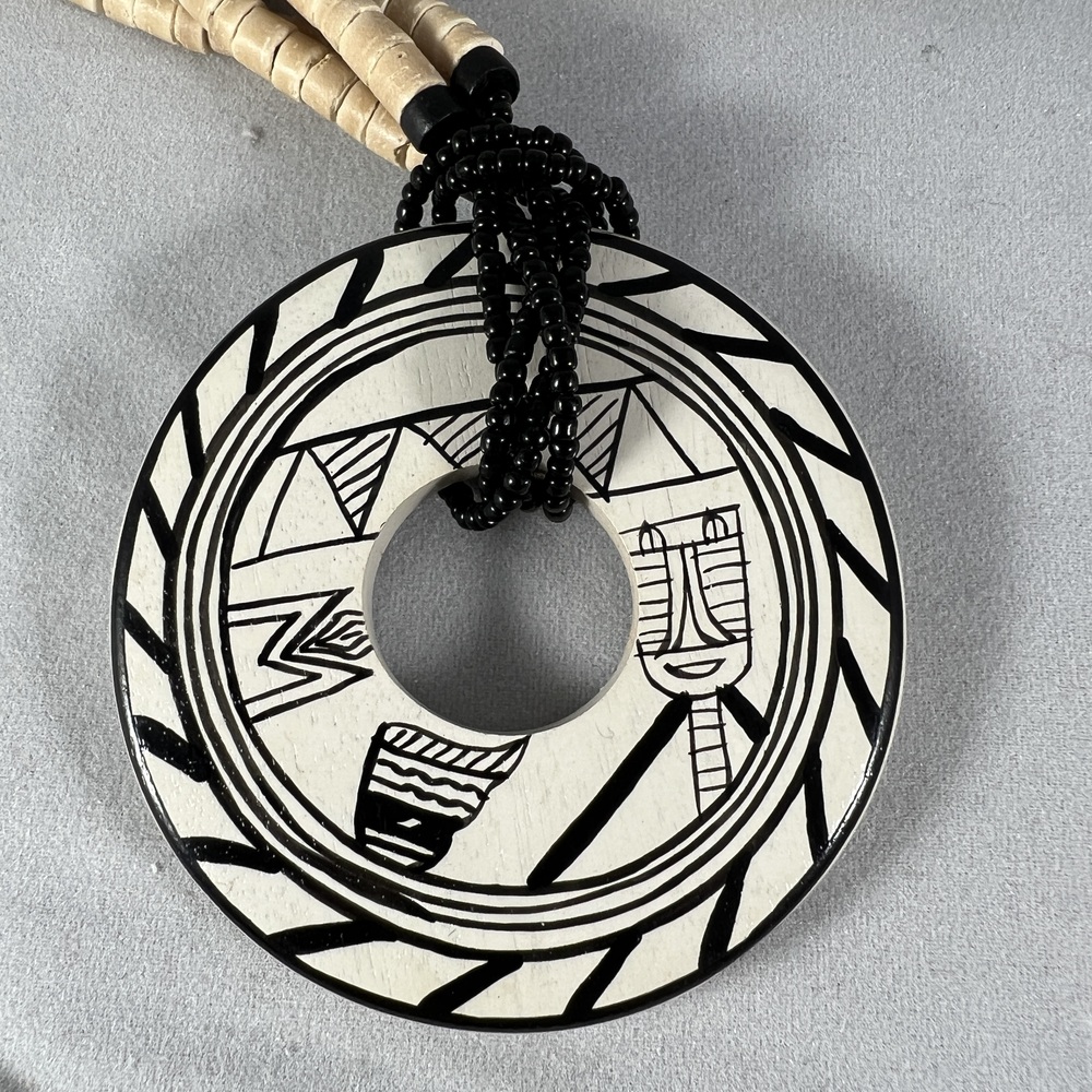 Tribal Necklace Beige Black White Geometric Multi Strand Statement Boho Bold - Picture 4 of 4
